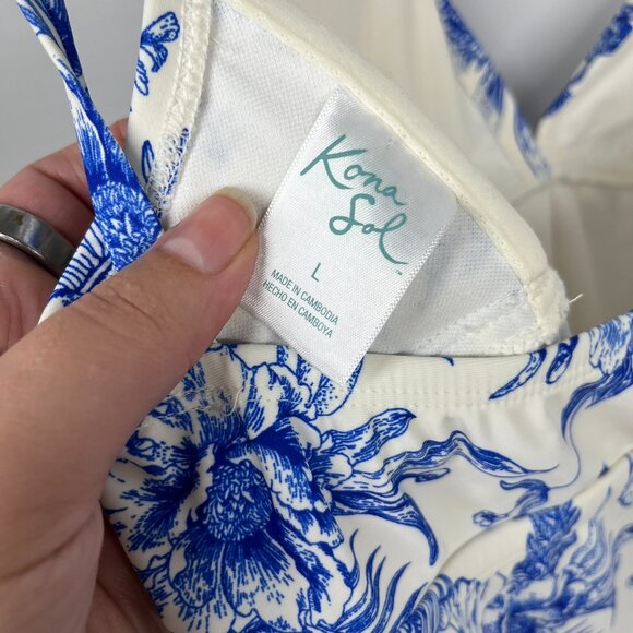 Kona Sol White with Blue Floral Toile Pattern Adjustable One Piece Swimsuit Sz L - Picture 5 of 9